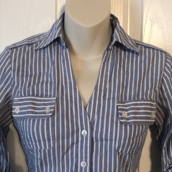 Stripe Button Down Collared V-Neck Shirt - Picture 2 of 8